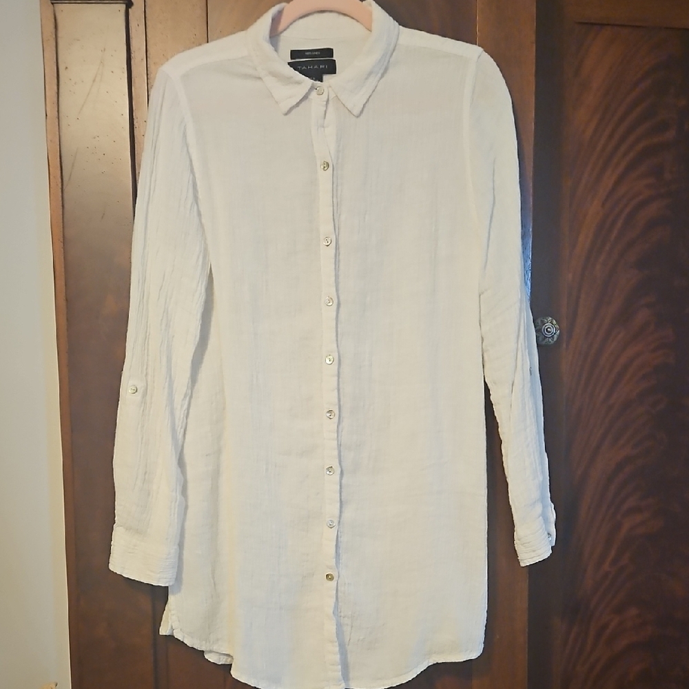 Tahari - Long Sleeve White Linen Blouse - Size Medium